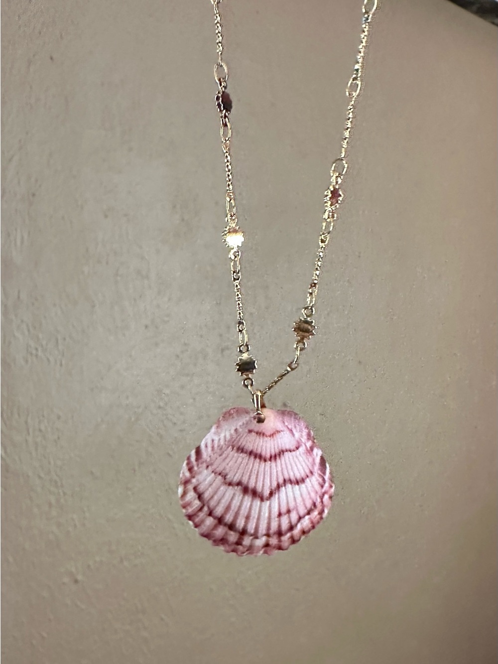 Gold Sunburst Chain Necklace with Pink and purple Shell Pendant - Women Jewelry